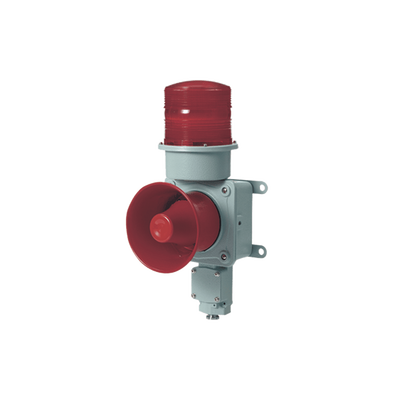 Combinación de baliza LED color roja con sirena electrónica para aplicaciones de la industria pesada  máx.114 dB a 220 VCA