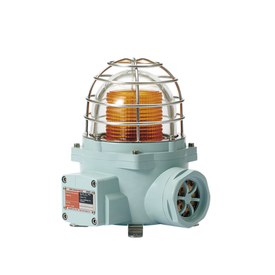 Luz LED color Ámbar de advertencia con patrón de destello flasheante/fijo para zonas peligrosas con buzzer incluido a 105 dB. de 120 VCA