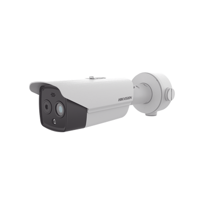 Bala IP Dual / Térmica 6.9 mm (256 x 192) / Óptico 6.4 mm (4 Megapixel) / 30 mts IR / Exterior IP67 / PoE / Termométrica / Detección de Temperatura / Sirena y Luz Intermitente Integrada / Micro SD