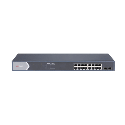 Switch Gigabit PoE+ / Administrable / 16 Puertos 1000 Mbps PoE+ / 2 Puertos SFP / Configuración Nube desde Hik-ParnerPro / PoE hasta 300 Metros / 225 Watts