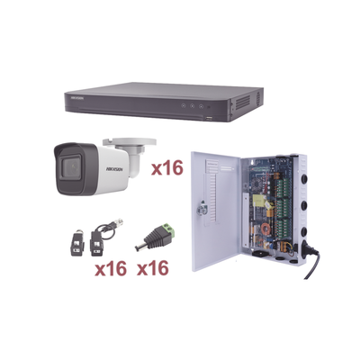 KIT TurboHD 1080p / DVR 16 Canales / 16 Cámaras Bala (exterior 2.8 mm) / Transceptores / Conectores / Fuente de Poder Profesional