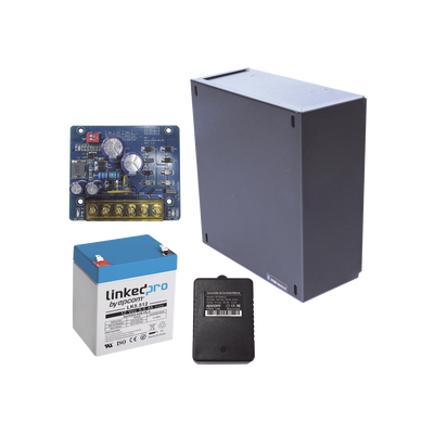 Kit con fuente PLB2 con salida de 12 Vcc a 1.5 Amper, incluye transformador y batería de 12 V a 5.5 Amper