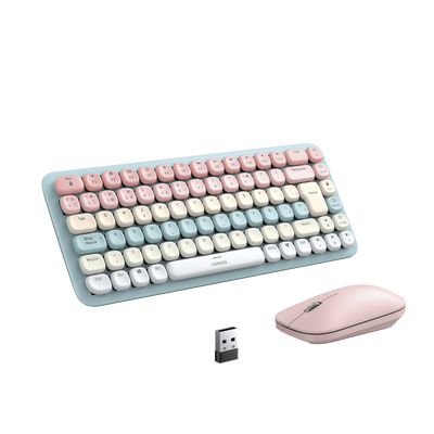 Paquete de Teclado y Mouse | 85 teclas en Español | Bluetooth y 2.4GHz |  Mouse Ambidiestro  | Sensor de DPI ajustable | Efectos de Iluminación del Teclado | Amplia compatibilidad | Color Rosa.