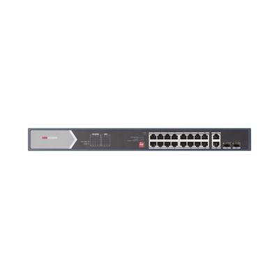 Switch Gigabit PoE+ / No Administrable / 16 Puertos 1000 Mbps PoE+ (4 Puertos PoE++ 90 W) / 2 Puertos 1000 Mbps Uplink + 2 Puertos SFP de Uplink / Modo Extendido hasta 300 Metros / 225 W