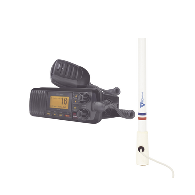 Kit de radio UM385BK | mas antena marina de fibra de vidrio TX-5206-SYS y soporte para antena 4186