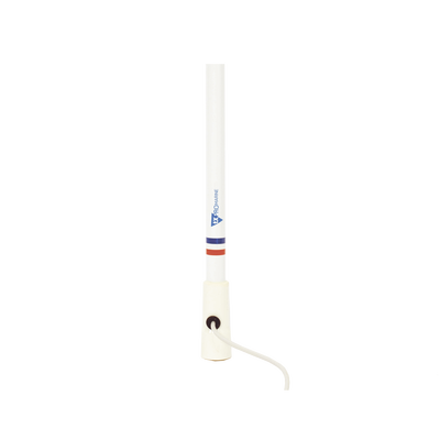 Antena marina VHF en fibra de vidrio en rango de 156 a 163 MHz, Incluye 10 metros de cable y conector PL-259 macho.