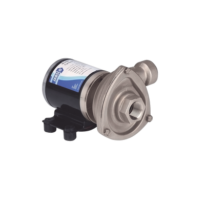 Bomba centrifuga Cyclone de baja presión a 12 Vcd, caudal de hasta 29 GPM, presión máxima de 8.7 psi, en acero inoxidable.