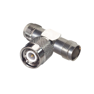 Adaptador en T de TNC Macho a Doble TNC Hembra, Níquel/ Oro/ Teflón.