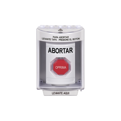 Botón de Abortar, Bocina de Advertencia Integrada, Texto en Español, Tapa Protectora de Policarbonato Súper Resistente con Espaciador, Restablecimiento con Llave
