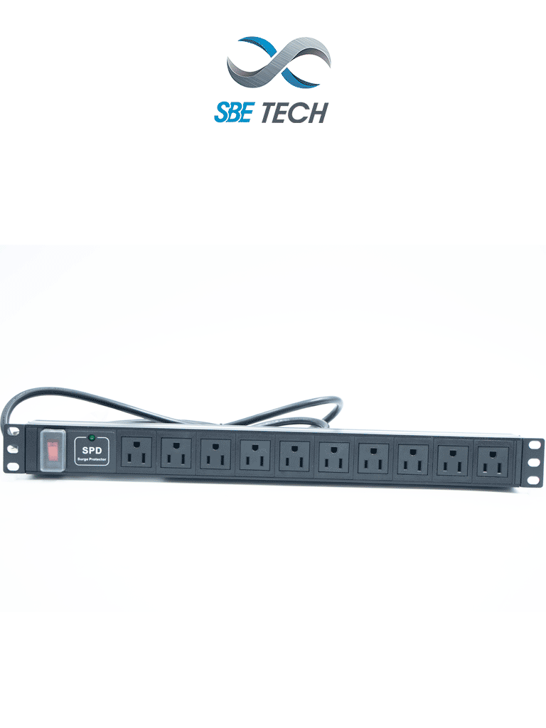 SBETECH SBE-TC010SPV -  PDU horizontal con 10 contactos polarizados, supresor de picos y diseño para montaje en rack de 19" y 1U