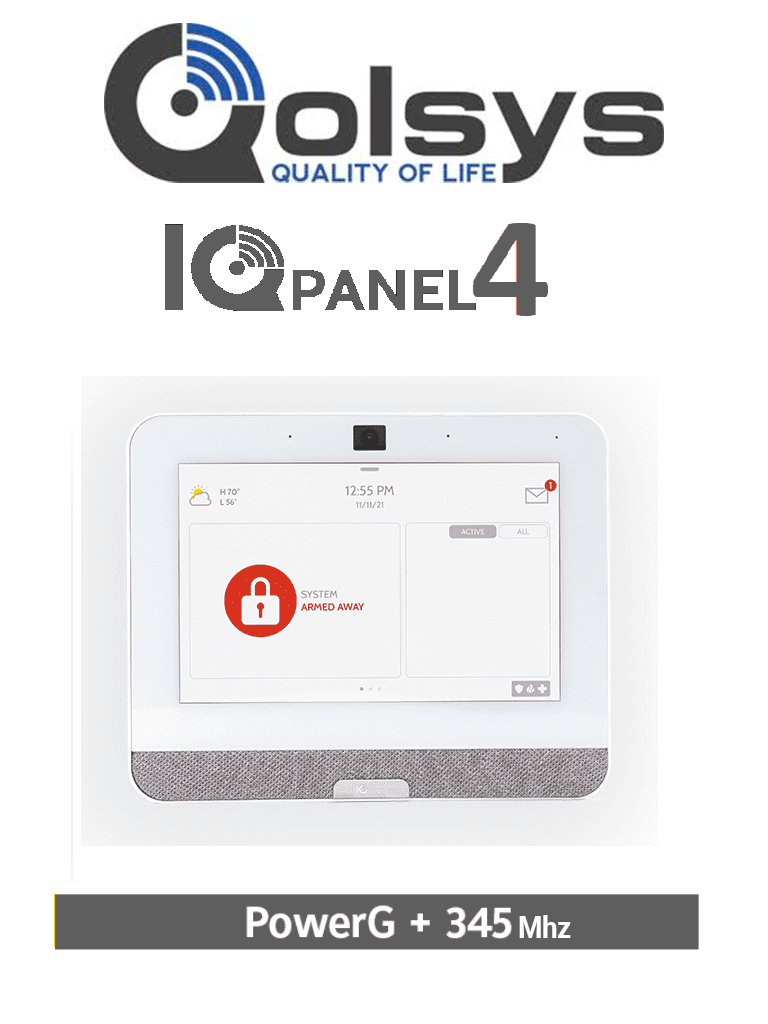 QOLSYS IQP4006 - Sistema de Alarma IQPanel4 Autocontenido , con Pantalla Tactil de 7", Power G 915 Mhz + Honeywell 345 Mhz. Con 4 Bocinas integradas (4W). Para la plataforma Alarm.com