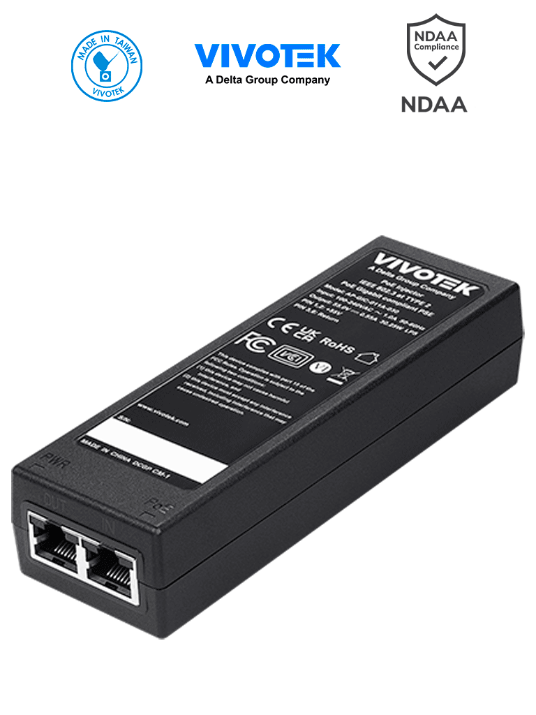 VIVOTEK AP-GIC-011A-030 - Inyector PoE Gigabit, 30W, 1 puerto, 802.3af/at, NDAA, 55VDC/0.55A,  Proteccion 6KV