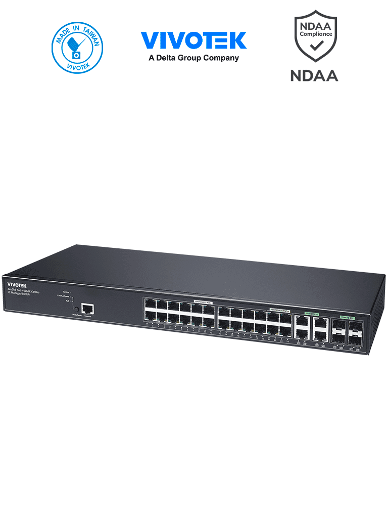 VIVOTEK AW-GEV-288A-370 - Switch PoE Administrable 24 puertos Gigabit, 20 x GbE Poe 30W, 4x GbE Poe 90W,  4x GbE/SFP Combo, L2, VIVOCAM para Videovigilancia, 56Gbps, 370W Totales, Extended PoE, NDAA