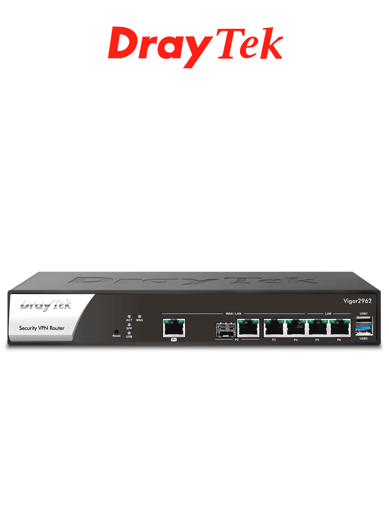 DrayTek VIGOR2962- Ruteador Multi-WAN Balanceador para PyMEs, hasta 200 túneles VPN, 1 puerto WAN 2.5GB, 1 combo SFP & RJ45 WAN, 2 puertos LAN & WAN GE, 2 LAN RJ45 GE, con filtrado web