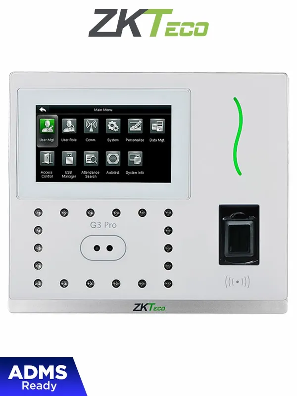 ZKTECO G3PRO - Control de Asistencia y Acceso Básico con Autenticación Facial (12000 Rostros), Huella Digital BioID+ (20000), Tarjeta ID 125 KHz (20000), Verificación Palma (6000), Registro de 200,000 Eventos, Green Label y TCP/IP