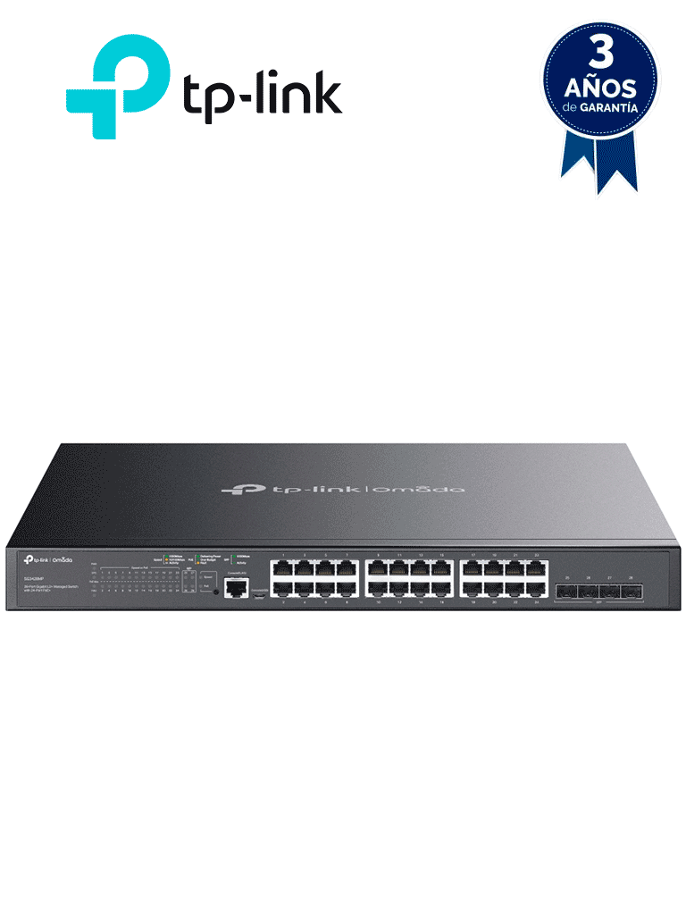 TP-LINK SG3428MP -  Switch L2+ Omada PoE+ con 24 puertos PoE+ 10/100/1000 Mbps, 4 puertos SFP 1G, consola RJ45 y microUSB, además gestión centralizada Omada o Stand-Alone, con soporte Multicast IGMP, QoS y presupuesto PoE 384W.