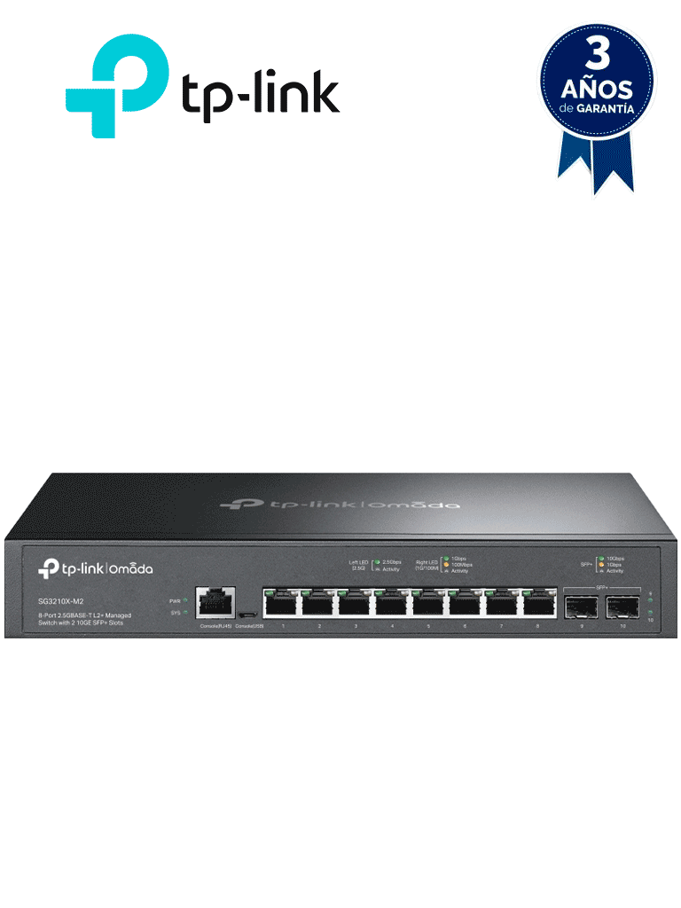 TP-LINK SG3210X-M2 - Switch administable L2 OMADA, con 8 puertos RJ45 de 2.5GbE , 2 puertos SFP+ 10G , Gestión en la nube con OMADA ,  DHCP Snooping, 802.1X, Autenticación Radius , ACL , QoS L2/L3/L4 y IGMP Snooping.