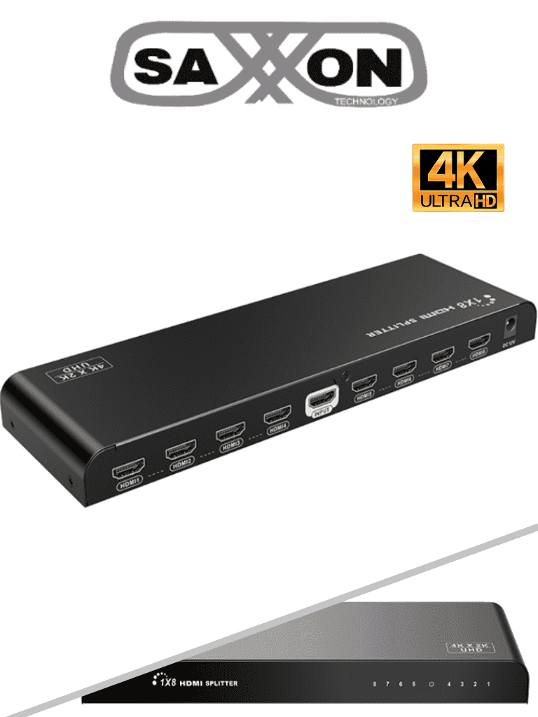 SAXXON LKV318HDR-V2.0 - Divisor de Video HDMI  de 1 Entrada y 8 Salidas/ Soporta Resolución Ultra HD 4K&2K @30 Hz/ Distancia  de 10 Metros en Entrada y Salida/ Switch EDID/