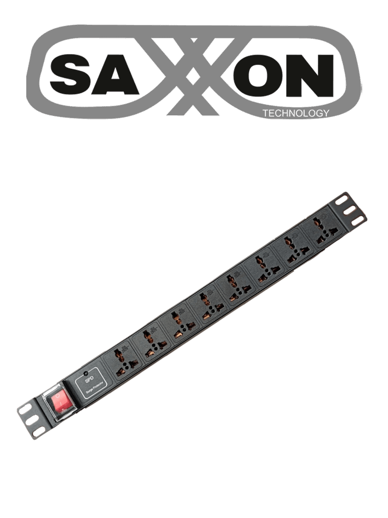SAXXON SXPDU8P10A - Barra PDU con 8 Contactos Individuales , 10 Amp , 120V , 1UR, Protección contra rayos , Aleación de Aluminio