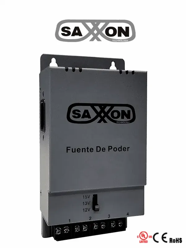 SAXXON ENERGIA PSU1205A - Fuente de poder Regulable Metálica/ Conexión de Hasta 4 Canales/ Voltaje de Ajuste 12V 13V o 15V cc/ Salida de Hasta 5 Amp en los 4 Canales/ Instalación en Pared