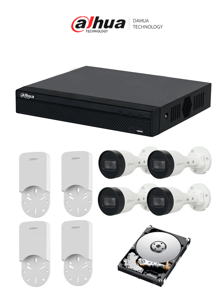 DAHUA KITNVR1104HS-P+4C+4S 1TB- Kit IP de 4 canales con NVR con 4 puertos PoE, 1TB de almacenamiento, y 4 cámaras bullet de 2MP con clasificación IP67. Incluye caja de conexiones PFA12A de policarbonato resistente, ideal para exteriores.