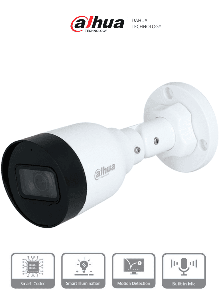 Dahua IPC-HFW1230S1-A-S6 - Cámara IP Bullet de 2MP, lente de 2.8mm, ángulo de visión de 102 grados, micrófono integrado, compresión H.265+, IR de 30m, protección IP67, PoE, DWDR /