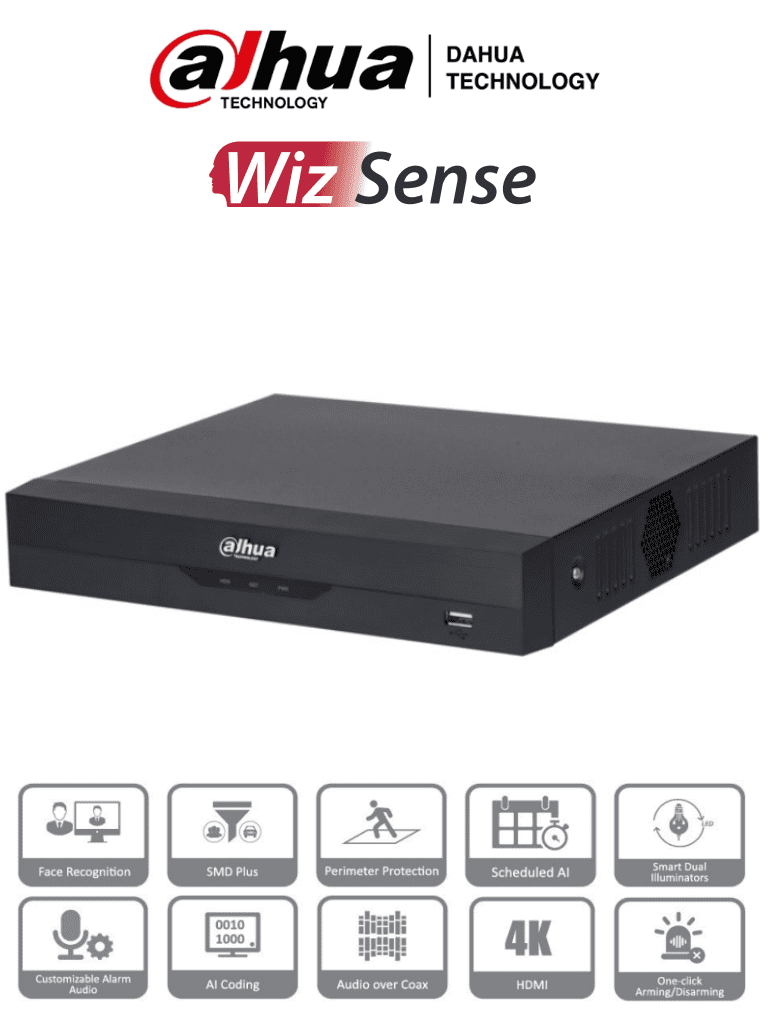 DAHUA XVR5104HS-4KL-I3 - DVR 4k de 4 Canales y 4 IP o hasta 8 IP. Equipado con WizSense, codificación H.265+, un canal para reconocimiento facial, protección perimetral y SDM Plus. Bahía SATA para HDD de hasta 10TB. Compatible con IoT y POS