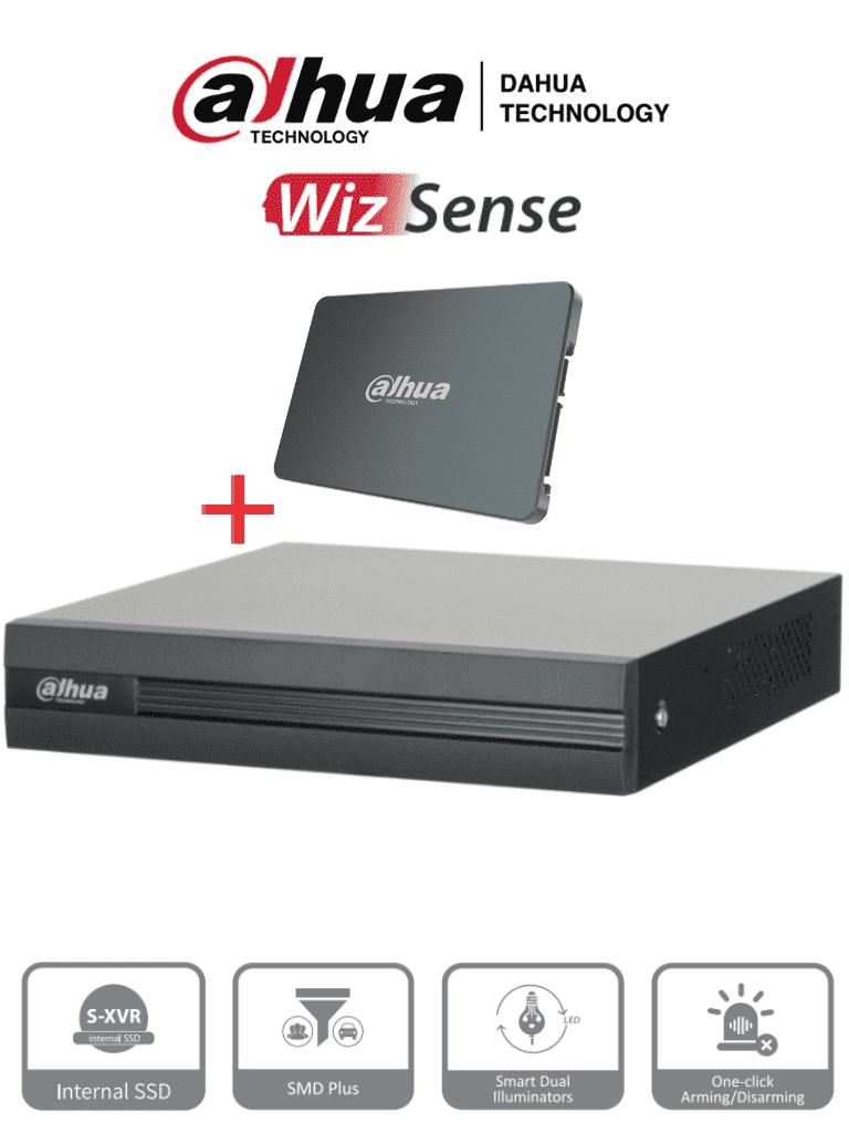 DAHUA XVR1B04H-I-SSD - DVR de 4 Canales 5 Megapixeles Lite/ Con Disco SSD de 512GB Especial para Videovigilancia/  S-XVR Series/ WizSense/ H.265+/ 4 Canales con SMD Plus/ Busqueda Inteligente (Humanos y Vehiculos)/