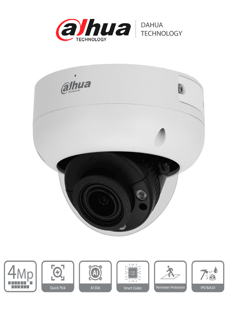 DAHUA DH-IPC-HDBW3441R-ZAS-S2 Cámara IP Domo  de 4 MP /WizSense/ Lente Varifocal/ IR hasta 40 mts / SMD 4.0/  Micrófono/ Ranura para Micro SD/ PoE/ IP67/ E&S de Alarma