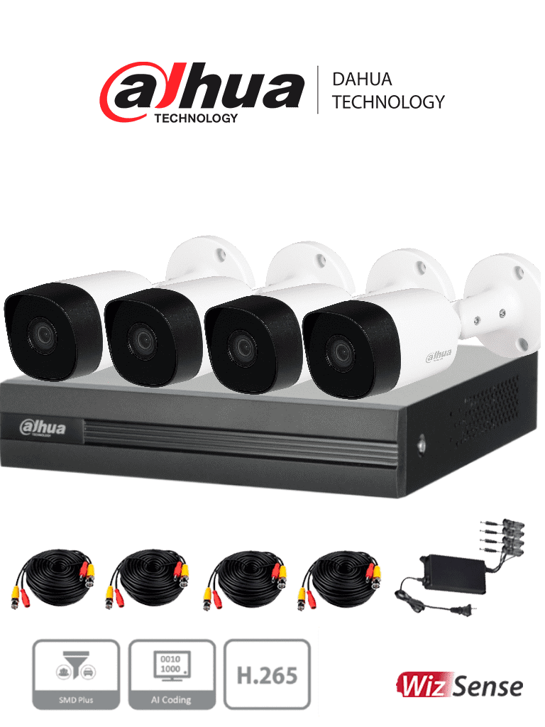 DAHUA KITXVR1B04H-I+4B2A51 -Kit de 4 Ch de 5 MP/ DVR Cooper-I WizSense/Con IA/ H.265+/4 Camaras B2A51 Metalicas/4 Ch + 1 IP o Hasta 5 Ch IP/ 4 Ch SMD Plus/Busqueda de Humanos y Vehiculos/Accesorios Incluidos