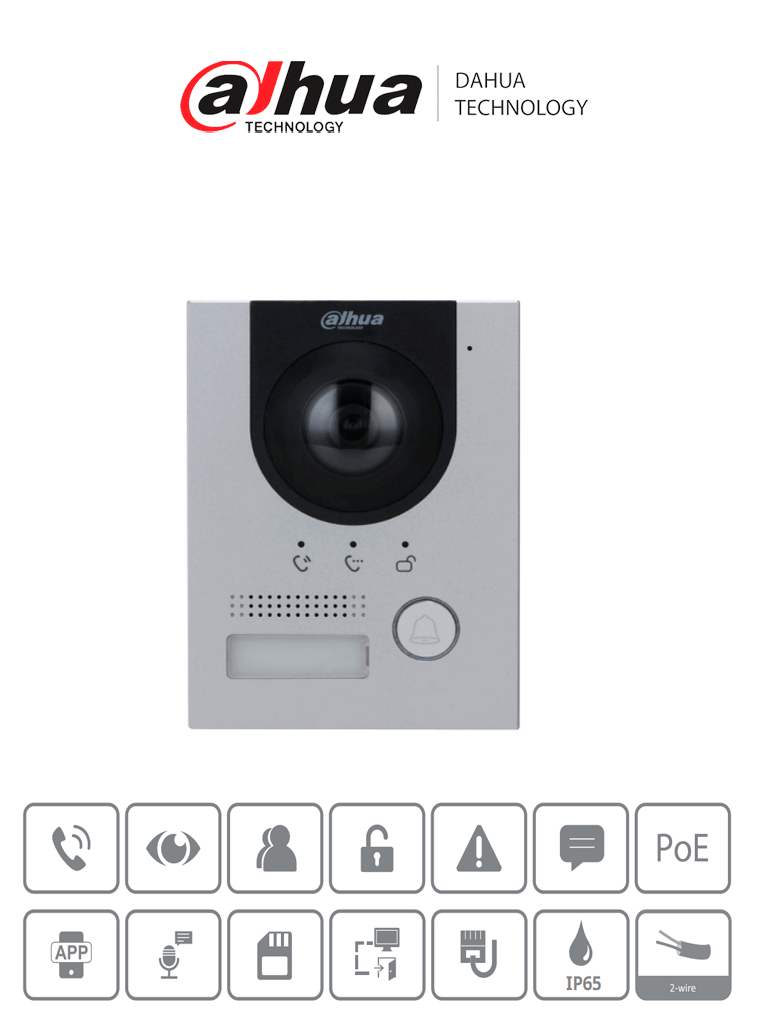 DAHUA VTO2202F-P-S2 - Frente de calle para videoportero IP/ Metálico/ Cámara de 2 MP con 160° de apertura/ IK07/ Exterior IP65/ Visión nocturna/ PoE/ Indicador de voz/ Apertura de chapa/ Solo alimentación PoE/