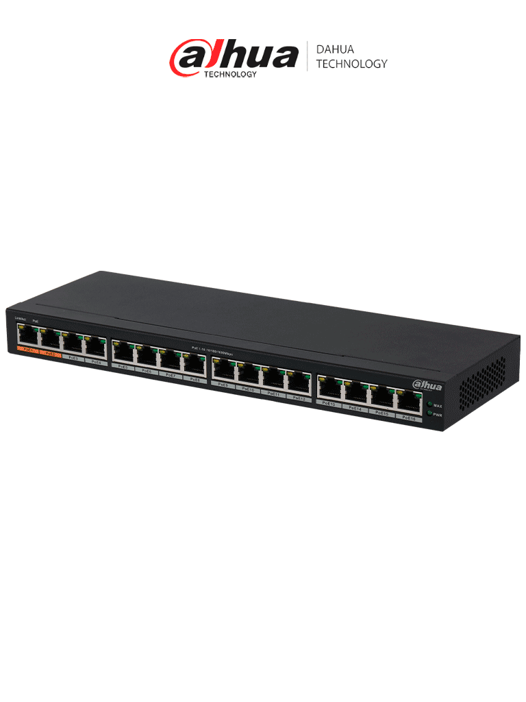 DAHUA DH-PFS3016-16GT-190 - Switch Poe Gigabit de 16 Puertos PoE Gigabit/ 190 Watts Totales/ Los 2 Puertos Naranjas Soportan Hi-PoE Estandar/ Switching 32 Gbps/ Tasa de Reenvio de paquetes 23.808 Mbps/ Protección Contra Descargas/