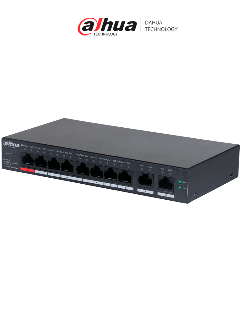 DAHUA CS4010-8ET-110 -  Switch Poe de 10 Puertos/ 8 Puertos PoE 10/100/ 2 Puertos Uplink 10/100/1000/ 110 Watts Totales/ Administrable en la Nube por DoLynk Care/ PoE 250 Metros/ Carcasa Metalica/ Switching 5.6 Gbps/