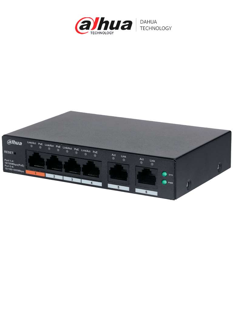 DAHUA CS4006-4ET-60 - Switch PoE de 6 Puertos Administrable/ 4 Puertos PoE 10/100/ 2 Puertos Uplink 10/100/1000/  60 Watts Totales/ Administrable en la Nube/ PoE Hasta 250 Metros/ Carcasa Metalica/ Switching 4.8 Gbps/
