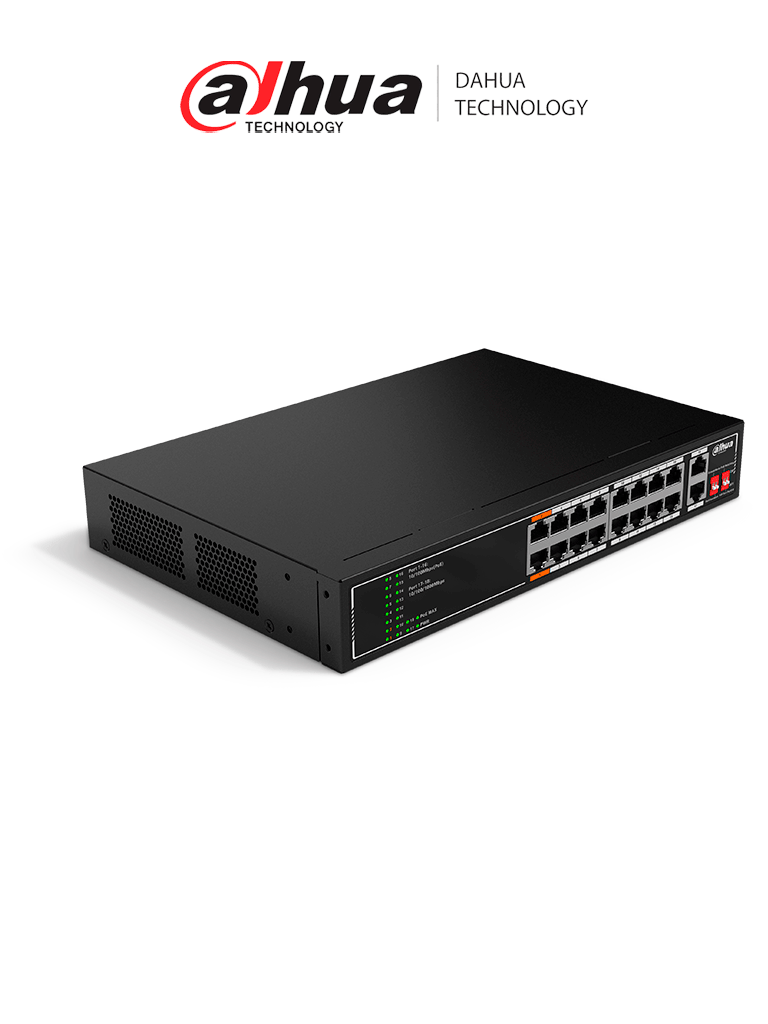 DAHUA SF1018LP - Switch PoE de 18 Puertos/ 135 Watts Totales/ 16 Puertos PoE 10/100/ 2 Puertos Uplink 10/100/1000/ Switching 7.2 Gbps/ Compatible con Standares:IEEE802.3af; IEEE802.3at; Hi-PoE/ PoE Hasta 250 Metros/