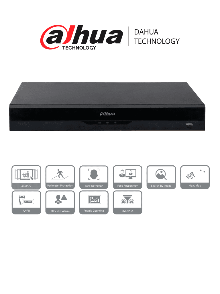 DAHUA NVR5216-16P-EI  NVR IP WizSense de 16 canales 1U/ 16PoE/ 2HDD/ H.265+/H.265/ 384 Mbps/ AcuPick / N+M cluster/   IA por grabador: FD y FR /Protección perimetral/ SMD Plus