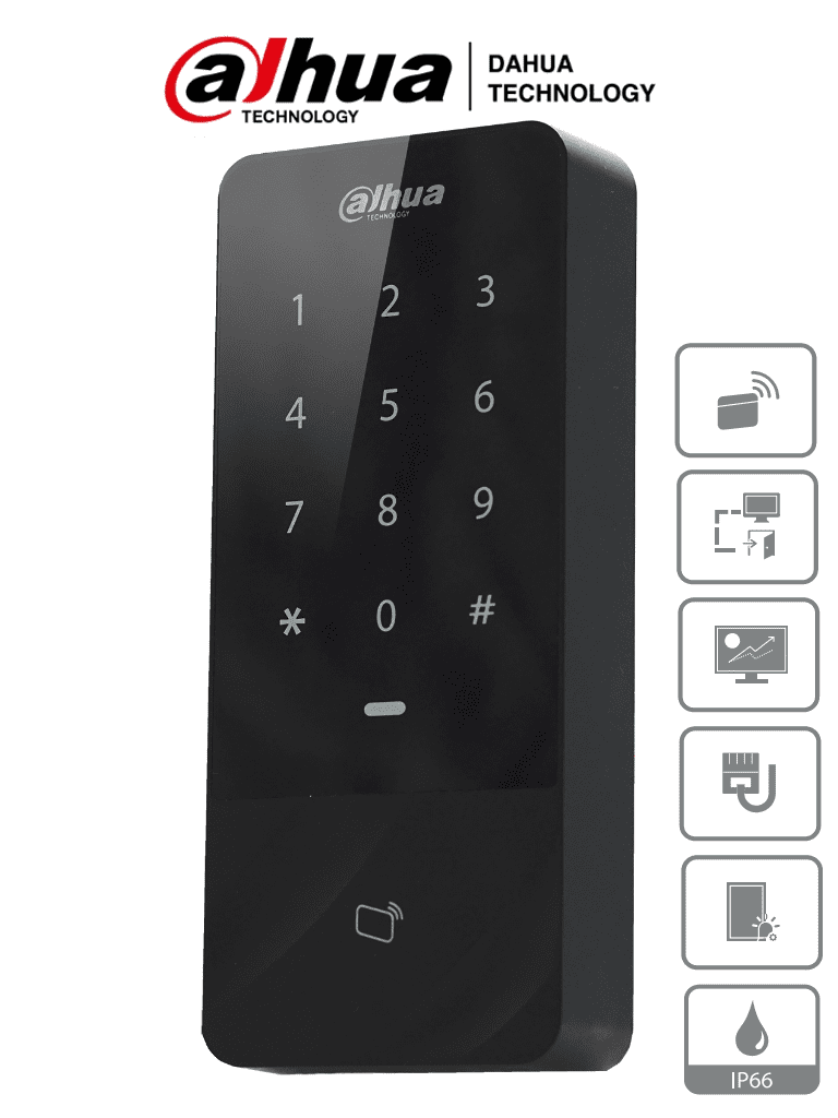 DAHUA ASI1201E-D  - Control de Acceso Independiente con Teclado Touch y Tarjetas ID/ 30,000 Usuarios, 60,000 Registros/ TCP/IP/ Soporta Lectora Esclavo por Wiegand y RS-485/ Uso Exterior IP66/ Desbloqueo con Tarjeta, Pasword o Combinación/
