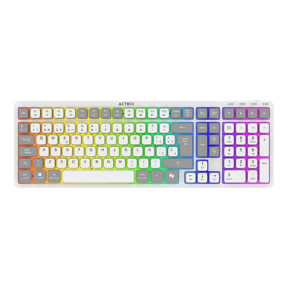 Teclado Inalámbrico RGB Techno PRO TI790 Acteck Elite Series Iluminación RGB - Teclado Multidispositivo Inalámbrico, Dongle 2.4Mhz, Bluetooth, Cable 1.8m