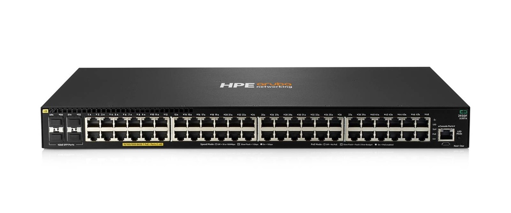 Switch HPE Aruba 2930F Gigabit Ethernet - 48 puertos PoE+ 740W, 4SFP Layer 3 stackable (JL557A)
