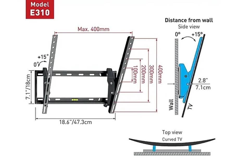 Soporte de Pared Barkan E310+ para Pantalla Curvo/Plano 19 - 65 - hasta 50Kg, Negro