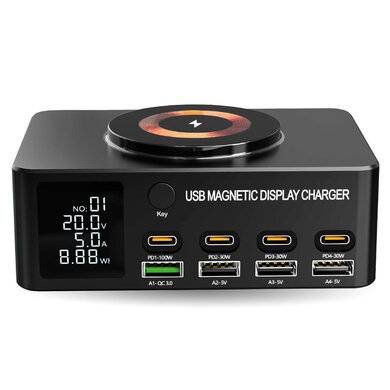 ESTACIÓN DE CARGA MAGNETICA USB 9 EN 1 - 140 W, USB-A x 4 PUERTOS, USB-C x 4 PUERTOS, 406467 BROBOTIX