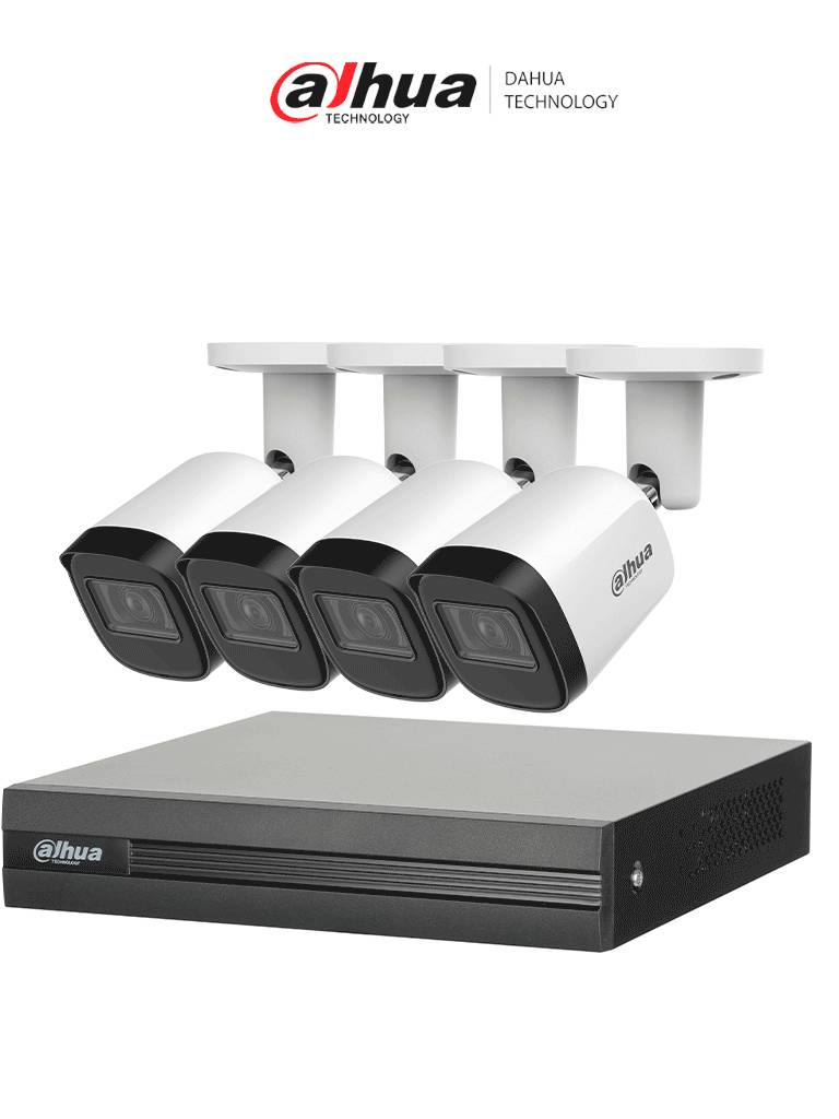 Kit DAHUA KITXVR1B04H-I4B2A51-U - Kit de 4 Cámaras metálicas 5 MP Lente de 2.8mm y un DVR Cooper-I WizSense - 4 Canales + 1 IP o Hasta 5 Canales IP