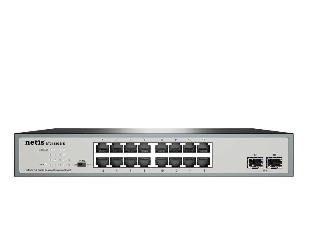 Switch NETIS modelo ST3118GS-D - 16 Puertos y 2 Puertos SFP Gigabit, montable en rack, No administrable