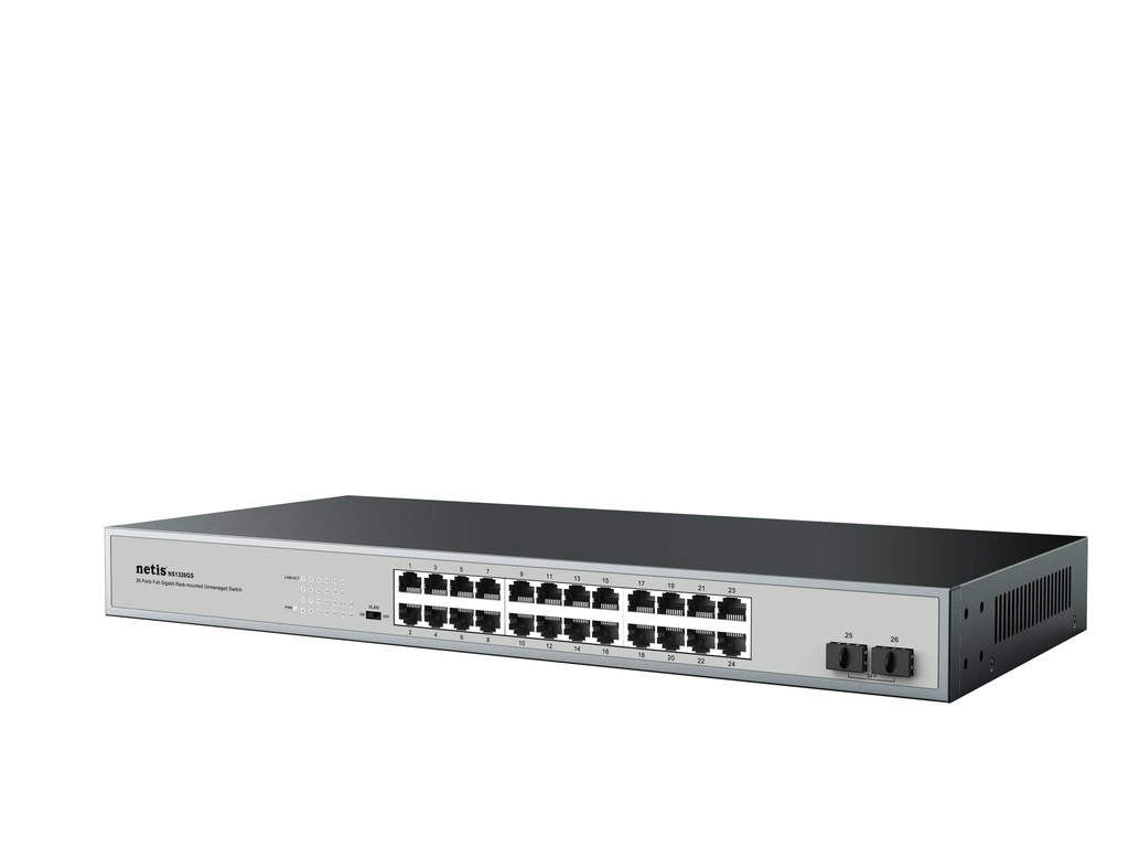 Switch NETIS modelo ST3126GS - 26 Puertos Gigabit Ethernet Switch + 2 Puertos SFP Gigabit, Montable en rack, No administrable