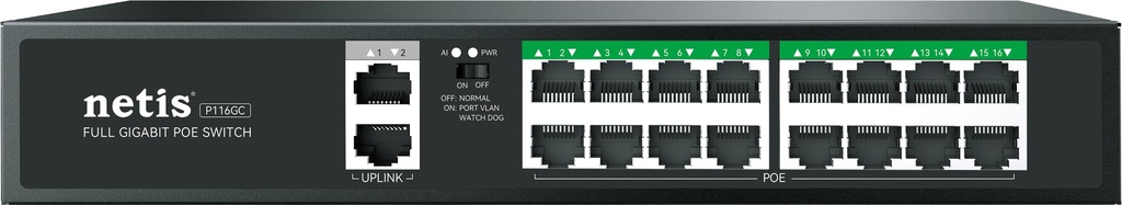 Netis Switch POE P116GC - 16 Puertos POE y 2 Puertos Uplink, 240W, 1000 Mbps, Watch Dog, Plug   Play, 250 Mts de Alcance, No Administrable