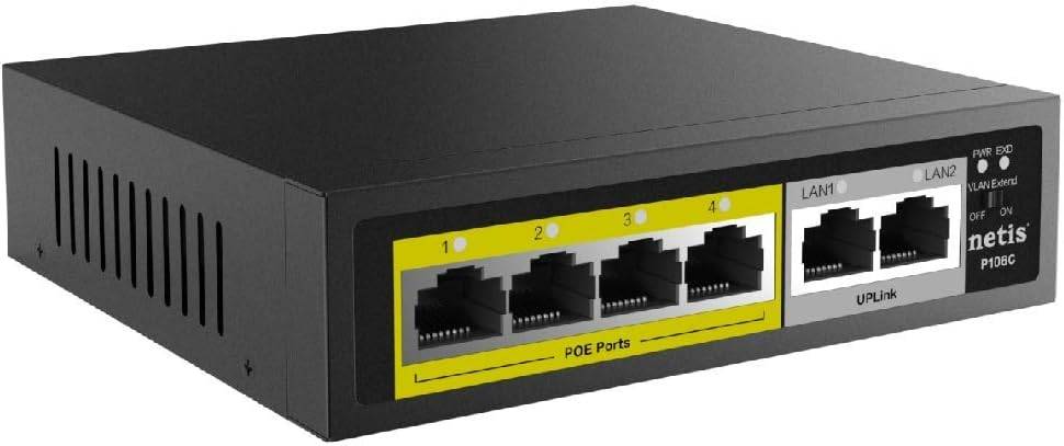 Netis Switch POE P106C - 4 Puertos POE y 2 Puertos Uplink, 60W, 100 Mbps, Watch Dog, Plug   Play, 250 Mts de alcance en transmisión, No Administrable