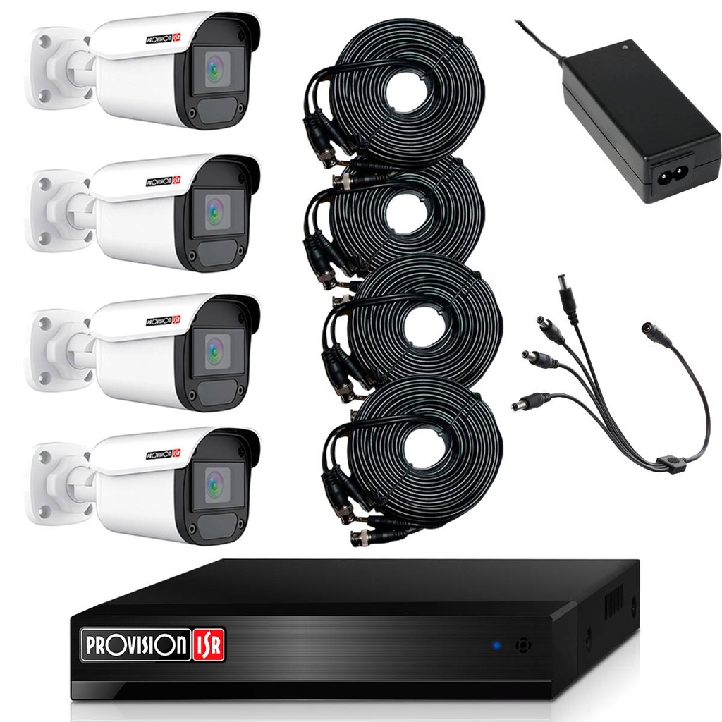 KIT de Videovigilancia de 4 cámaras de 2 MP Policarbonato - 4 cables siamés de 20 metros, fuente de 12V/3A, pulgo de 4 salidas, No incluye HDD