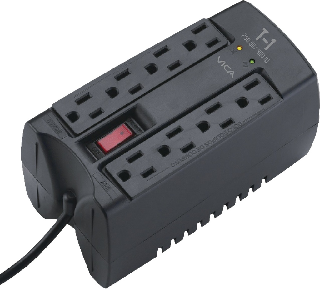 Regulador VICA T1 750VA/400WATTS - Voltaje 120 VCA +/-10  60Hz - breaker térmico - 8 tomas protegidas - indicadores LED - empotrable en pared -