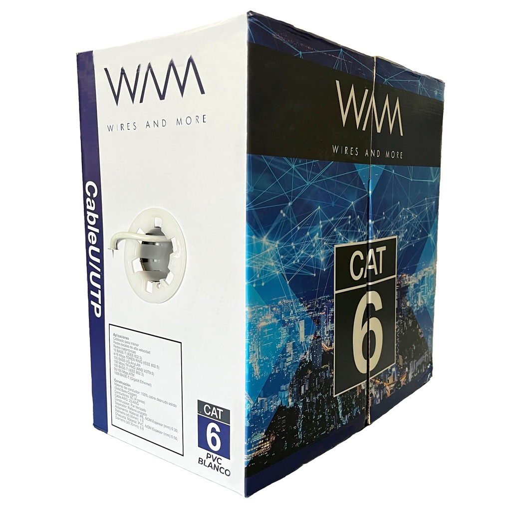Cable UTP CAT6  para interior - 4 pares, 23 AWG, bobina de 305 mts, 100  cobre, color blanco