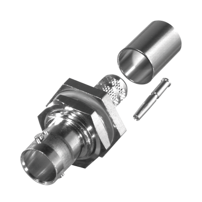 Conector BNC Hembra para Chasis en D-Plano con Aro de Goma, Anillo Plegable para RG-6/U y Grupo Q, 75 Ohm, Níquel/ Oro/ Teflón.